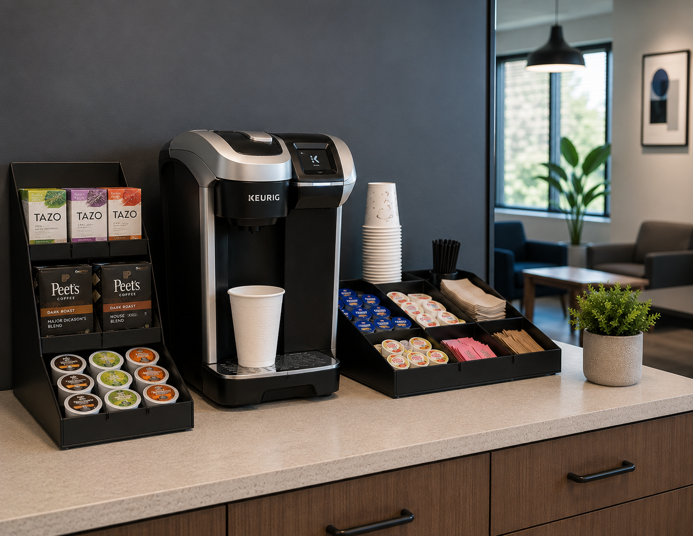 Keurig commercial single-serve brewer with K-Cup pods and supplies